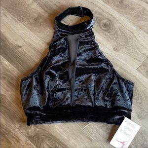 Black Crushed Velvet and Mesh Halter Top